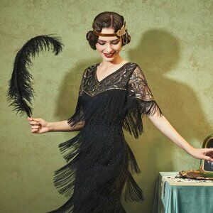 SWEETV 1920s Fringed Embellished Black Silver Flapper Dress Sz M